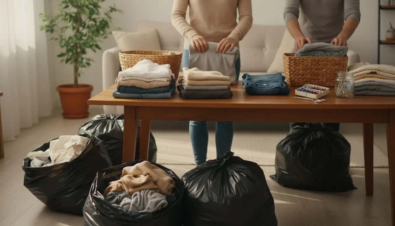 Hænder folder tøj ved et bord i blødt dagslys med stabler af foldet tøj og sorte sække i baggrunden.