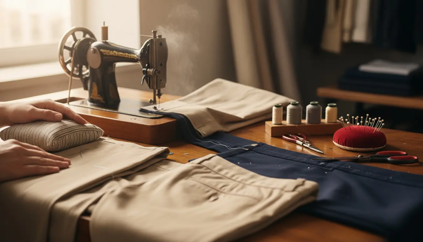 Hænder fra en skrædder opsyner og reparerer bomuldsbukser ved symaskine og strygejern.