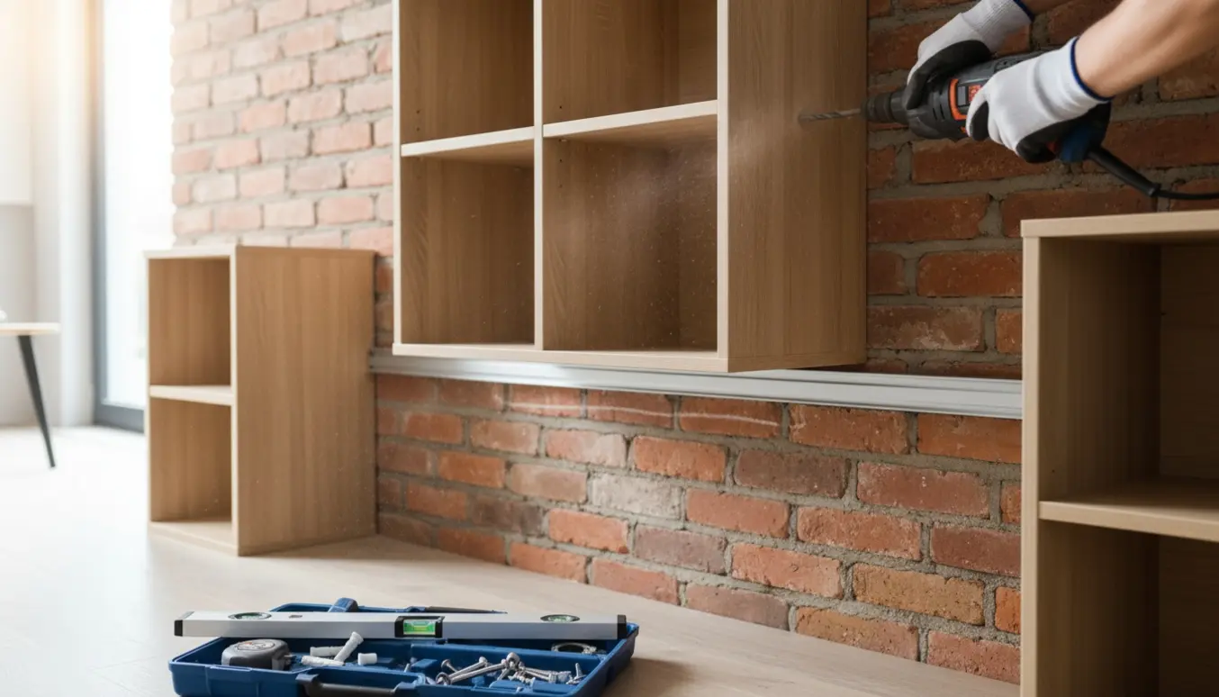 Nærbillede af hænder og værktøj, mens to væghængte skabe monteres på en murstensvæg.