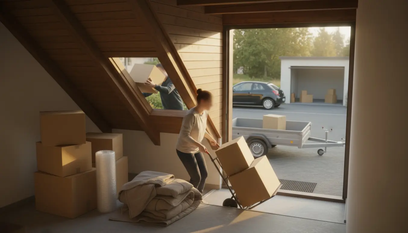 Kasser bæres ned fra et loftrum på 3. sal og læsses på en kassevogn/trailer til aflæsning i en garage i blødt eftermiddagslys.