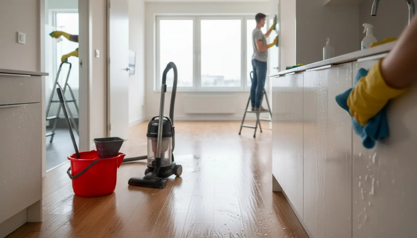 Rummelig lejlighed til forårsrengøring med handsker, støvsuger, moppe og hænder, der pudser skabe og afkalker en badeværelsesarmatur.