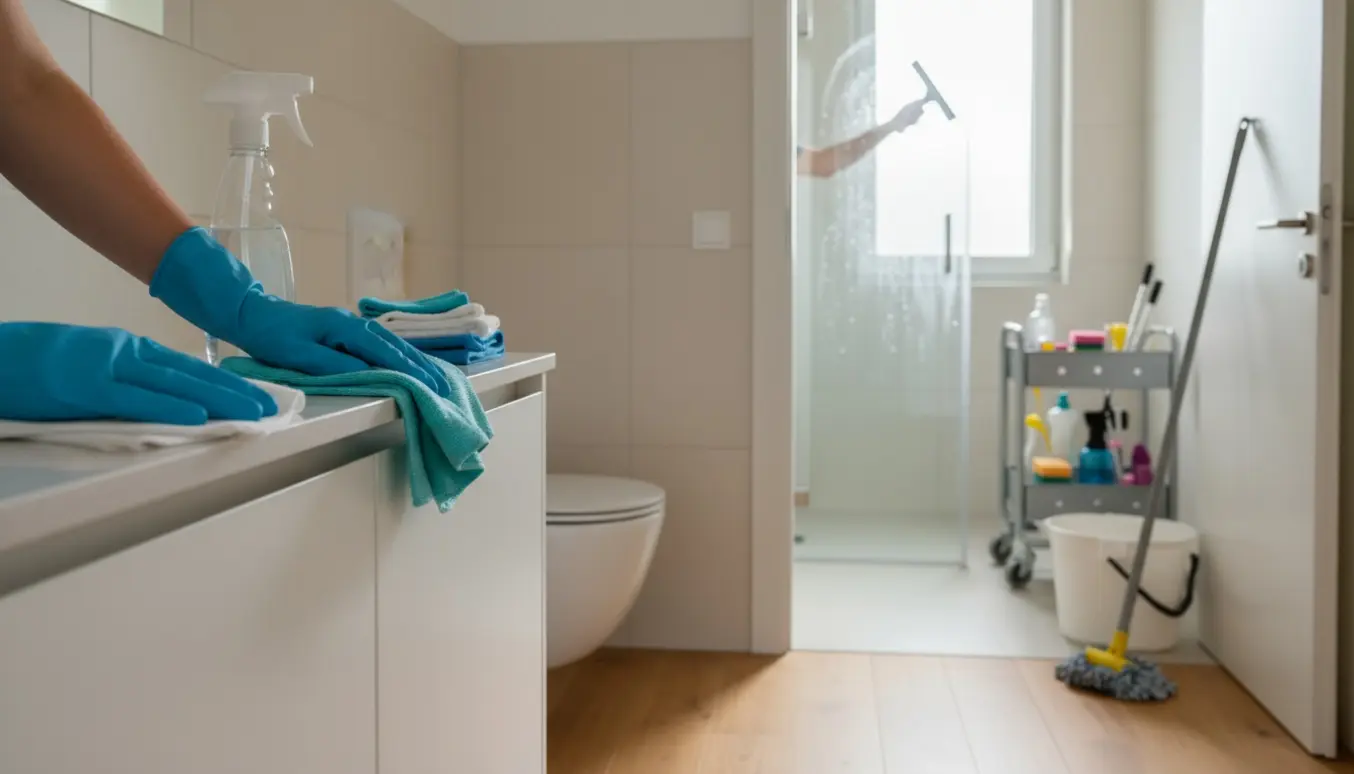 Handskenklædte hænder tørrer et skab foran et skinnende badeværelse med glasbrusekabine og toilet.