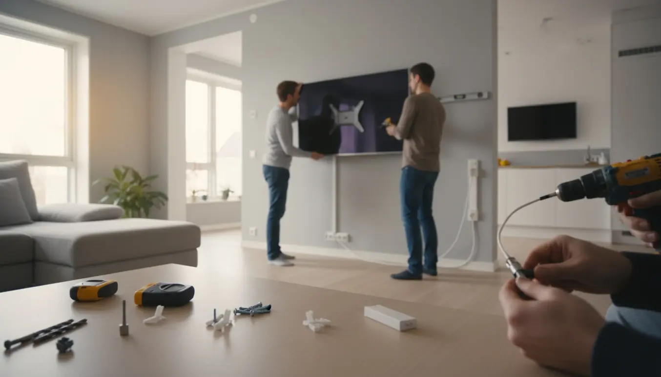 Montering af fladskærms-tv og tilslutning af coax-kabler og t-stik i en moderne stue med køkken i baggrunden.