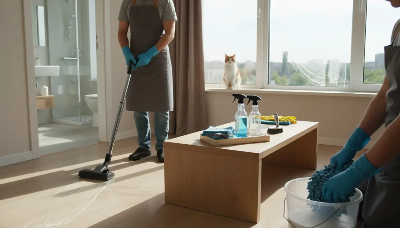 Forårsrengøring i en lys lejlighed med støvsuger, moppe og en kat på vindueskarmen.