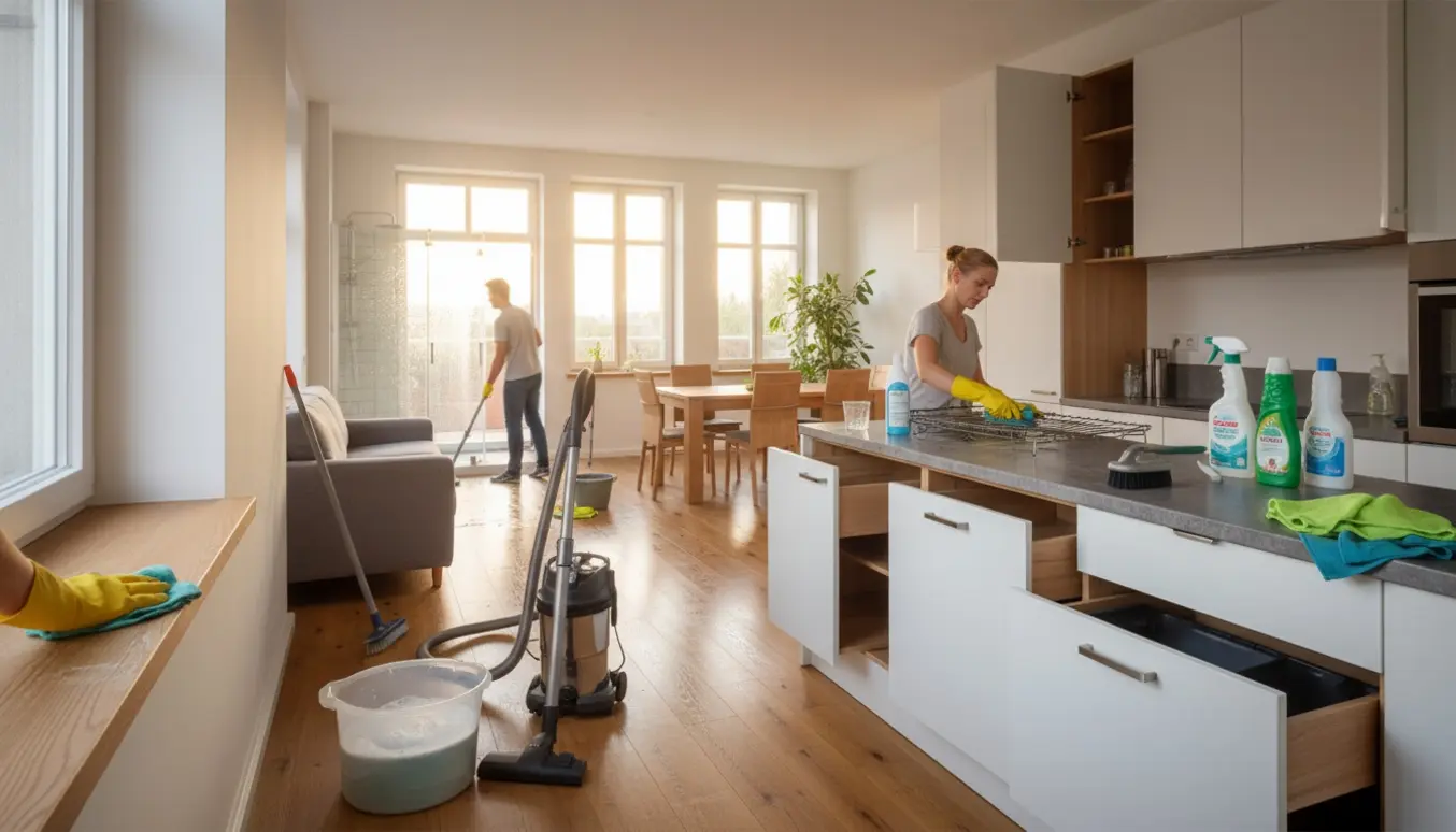 Rengøring i en møbleret fireværelses lejlighed med støvsuger, moppe og vinduespudser ved store gulv-til-loft-vinduer.