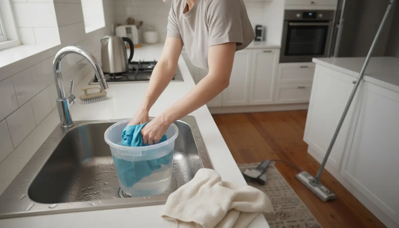 Hænder vrider en mikrofiberklud over vasken i et lyst, moderne køkken uden synlige rengøringsmidler.