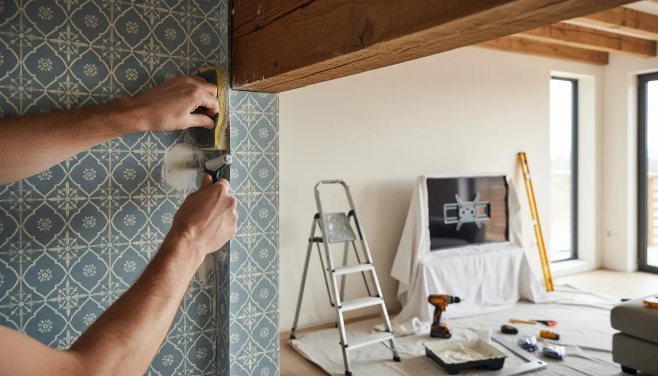 Delvist opsat mønster-tapet under synlige loftsbjælker med tapetværktøj og et TV klar til montering.