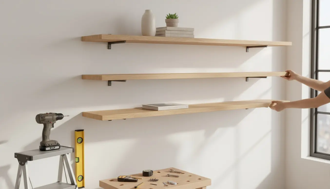 Tre lange flydende hylder i lys eg under installation på en ren, moderne væg.