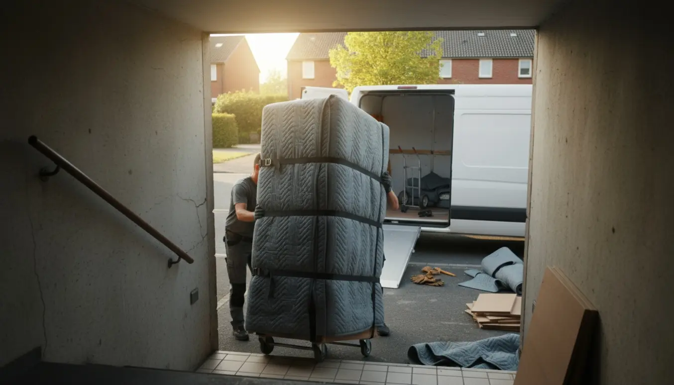 To flyttemænd løfter et stort træskab dækket af flyttetæpper op fra en kældertrappe og ind i en varevogn.