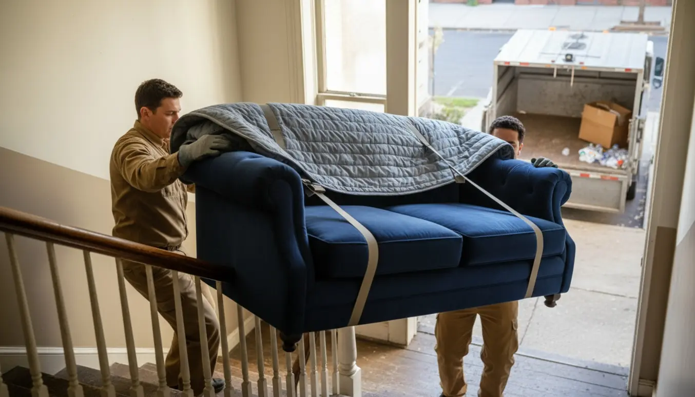 To flyttemænd bærer en topersoners sofa ned ad en opgang mod en åben genbrugsbil.