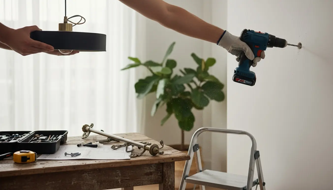 Hænder hænger en lampe op og forbereder ophæng af gardinstang og knager i en stue.