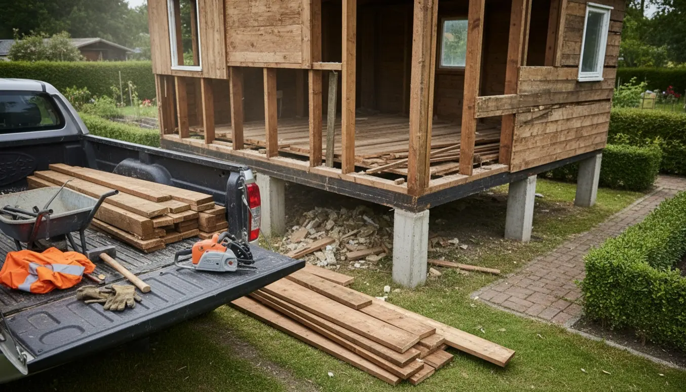 Nedrivning af et 60 m² træhavehus på punktfundamenter med stak træ, container og værktøj i kolonihave.