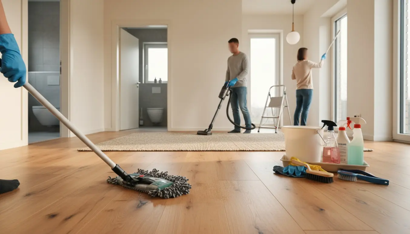 Lyst hjem på 210 kvm under rengøring med gulvvask, støvsugning, rengøringsudstyr og tre åbne badeværelsesdøre.