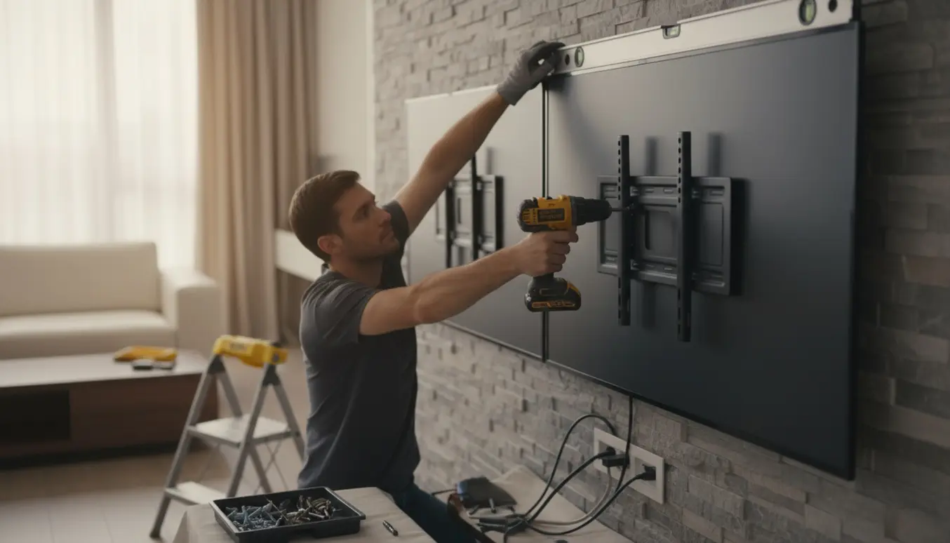 To tv'er monteres side om side på en væg, hænder holder boremaskine og vaterpas.