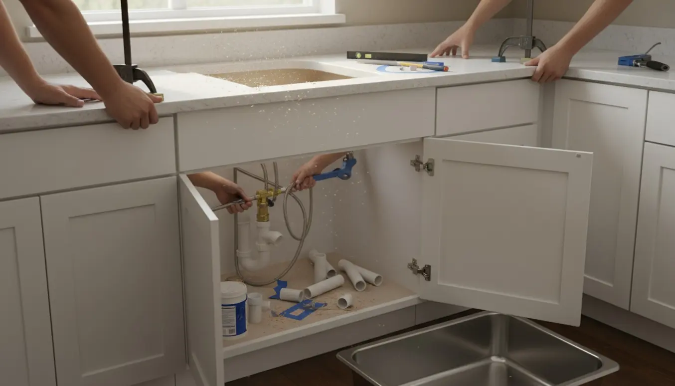 Ny bordplade monteres med udskæring til håndvask, mens vandtilslutninger installeres under skabet.