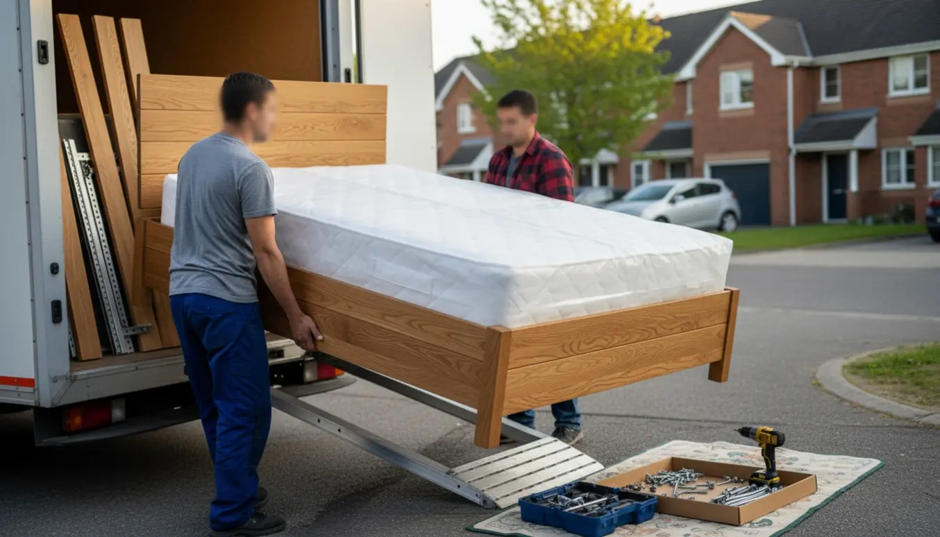 Høj seng løftes ud af en varevogn på en stille villavej med værktøj og sengedele klar til montering.