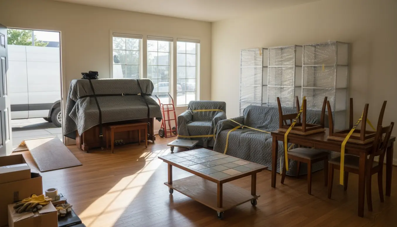 Indpakket klaver, reoler og andet møblement klar til afhentning fra en lys stue.