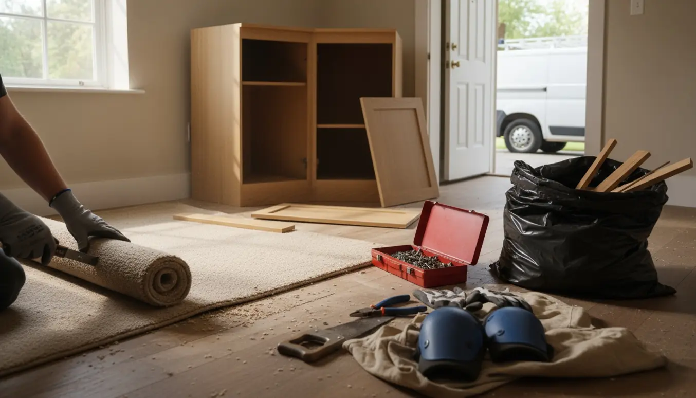 Hænder trækker et gulvtæppe op, og et hjørneskab er delvist afmonteret med værktøj og affaldssæk i et lyst rum.