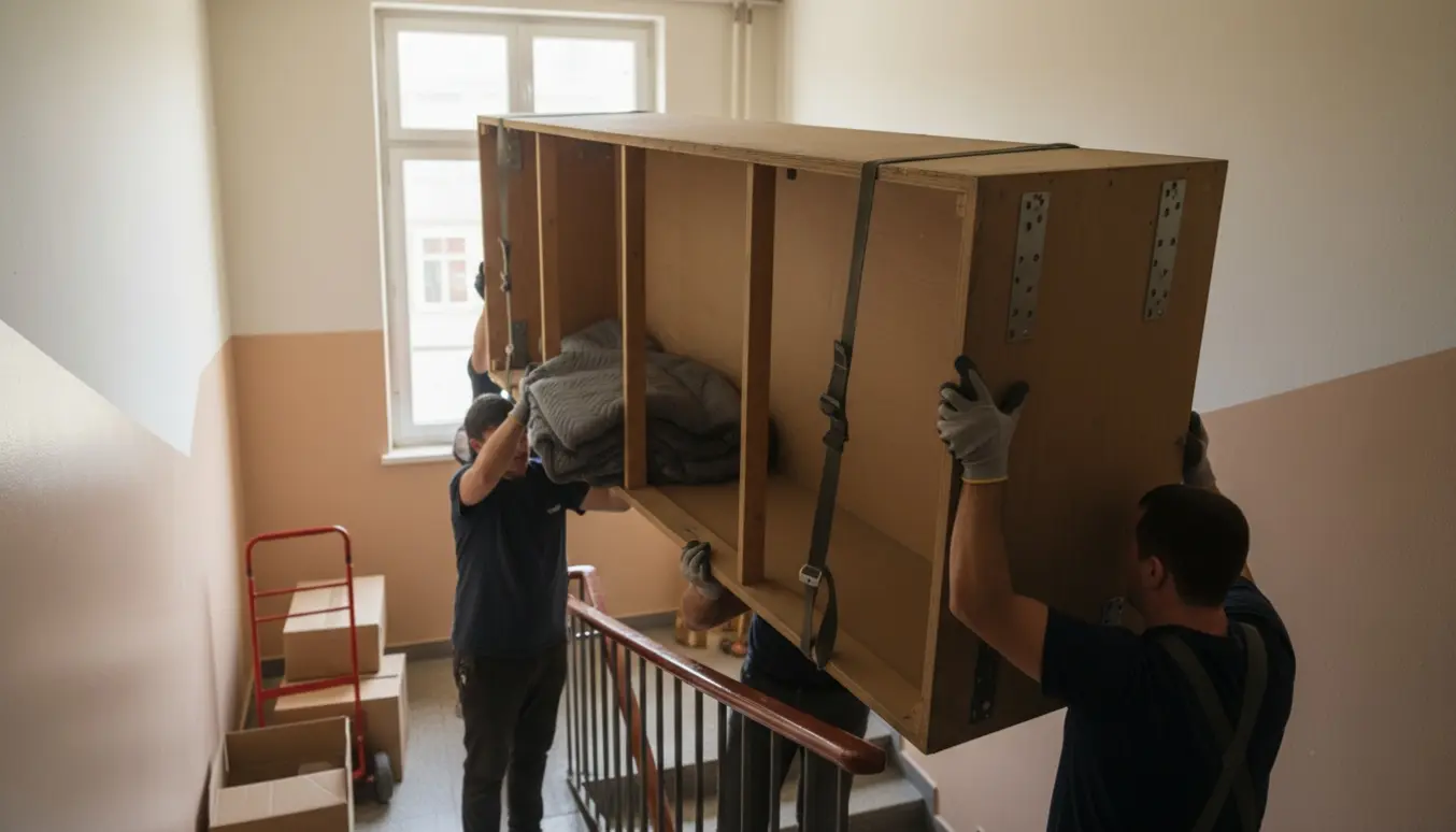 To-tre personer bærer et langt, tungt overskab ned ad en trappe i en opgang, uden låger og hylder.