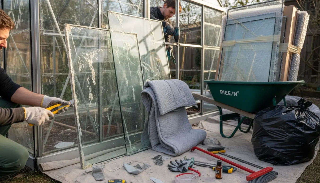 Handskerede hænder fjerner silikone fra drivhusramme, mens indpakkede glas er klar til bortskaffelse i en baghave.