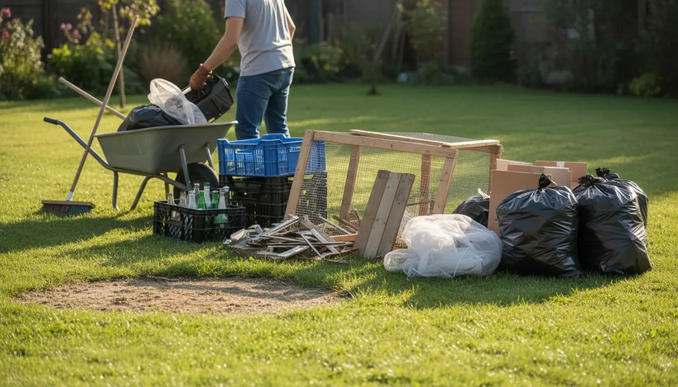 En baghave under oprydning med en bunke sorteret affald, trillebør og arbejdshænder i gang.