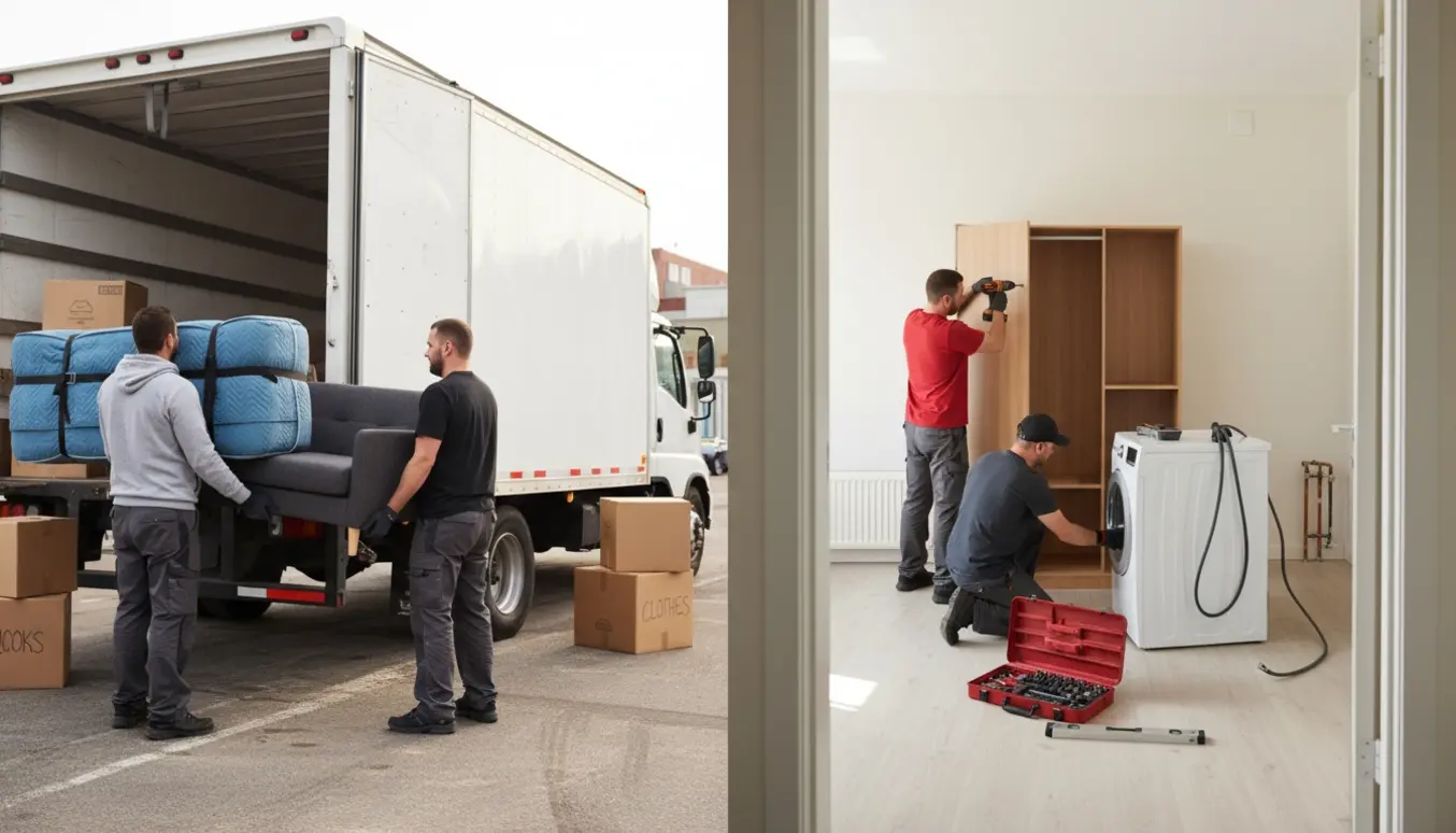 To flyttemænd læsser seng, sofa og vaskemaskine i en varevogn og opsætter en garderobe i en lys lejlighed.