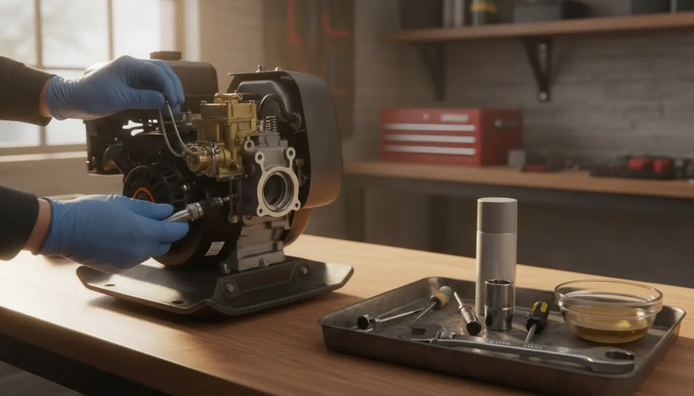 Pladevibrator med åbnet motor på en garagebænk, hænder holder tændrør og værktøj.