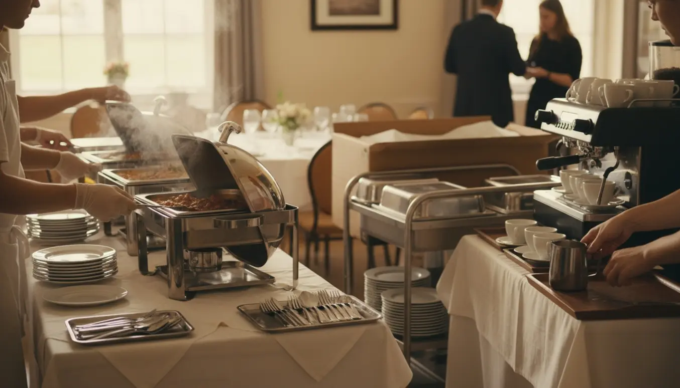 Køkkenpersonale forbereder og rydder buffet til konfirmation, opvarmer mad og laver kaffe.