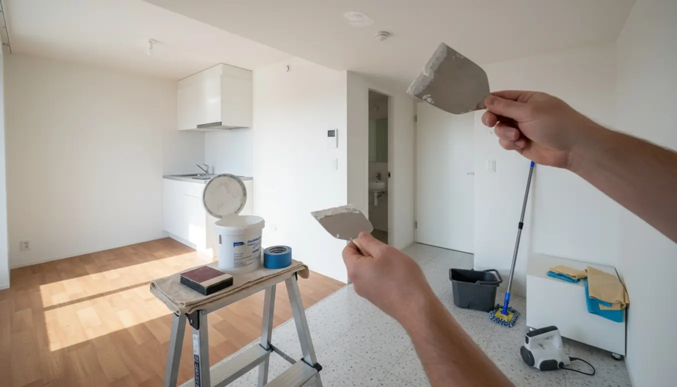 Hænder spartler små huller i en lille 38 m² lejlighed med linoleum og terrazzo gulve under flytterengøring.