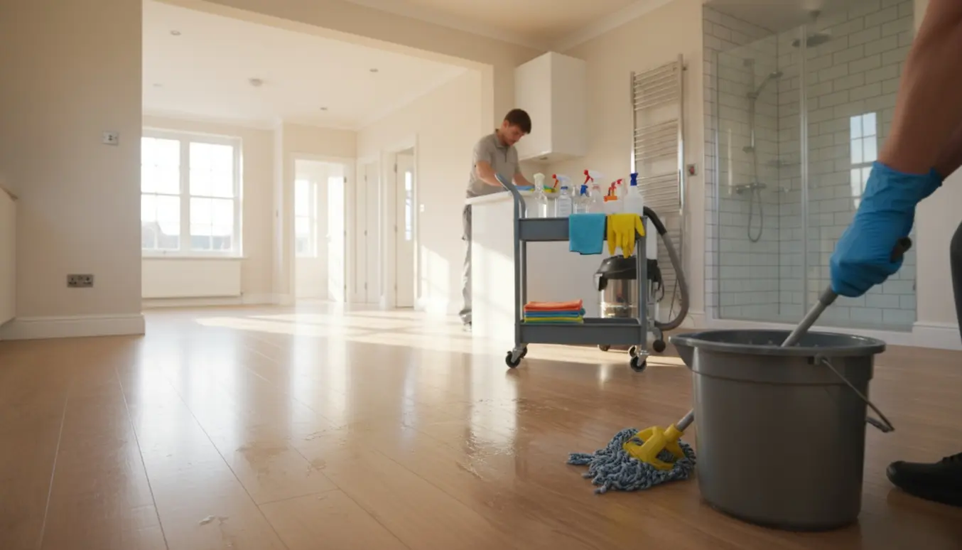 Tomt rækkehus under flytterengøring med moppe, rengøringsvogn og skinnende badeværelse i naturligt dagslys.