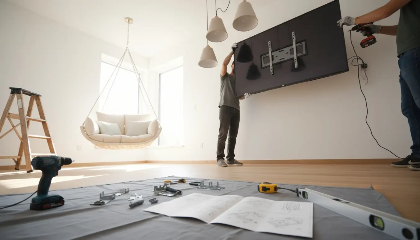 Moderne stue under montering med et TV, fire lamper og en indendørs gynge, værktøj på et beskyttelsesdække.