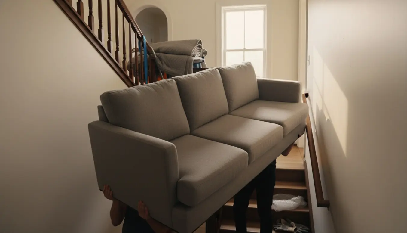 To personer løfter en 3-personers sofa op ad en trappe i blødt eftermiddagslys.