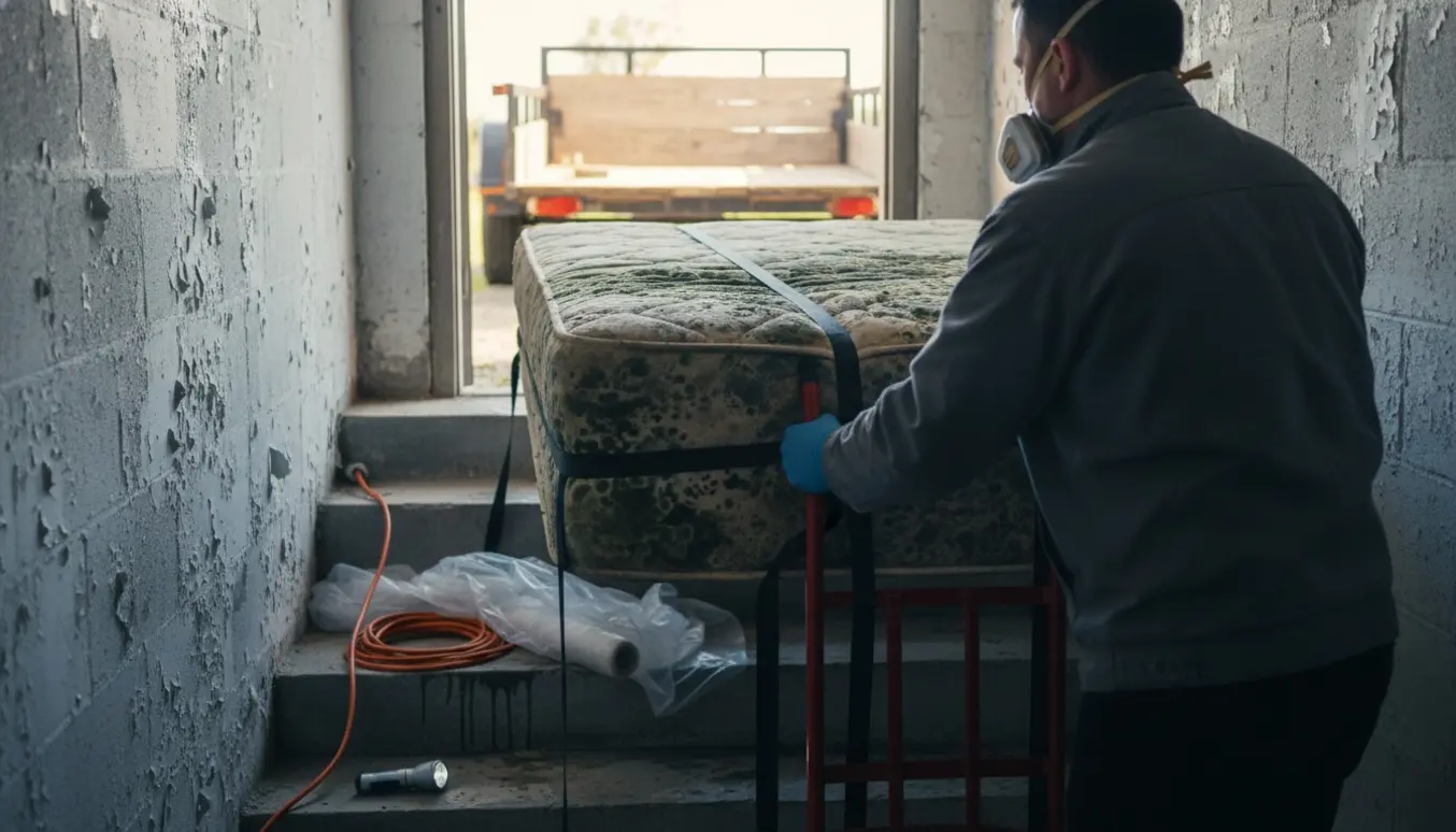 En muggen madras løftes op af en kælder mod en åben trailer, med handsker og maske synlige.