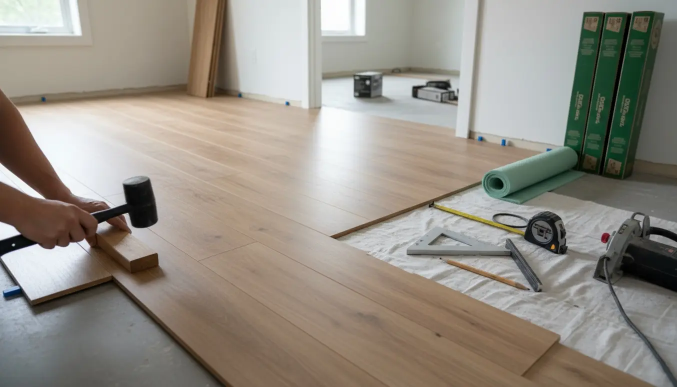 Detaljeret foto af montage af laminatgulv mellem to rum med værktøj og hænder, der klikker planker sammen.