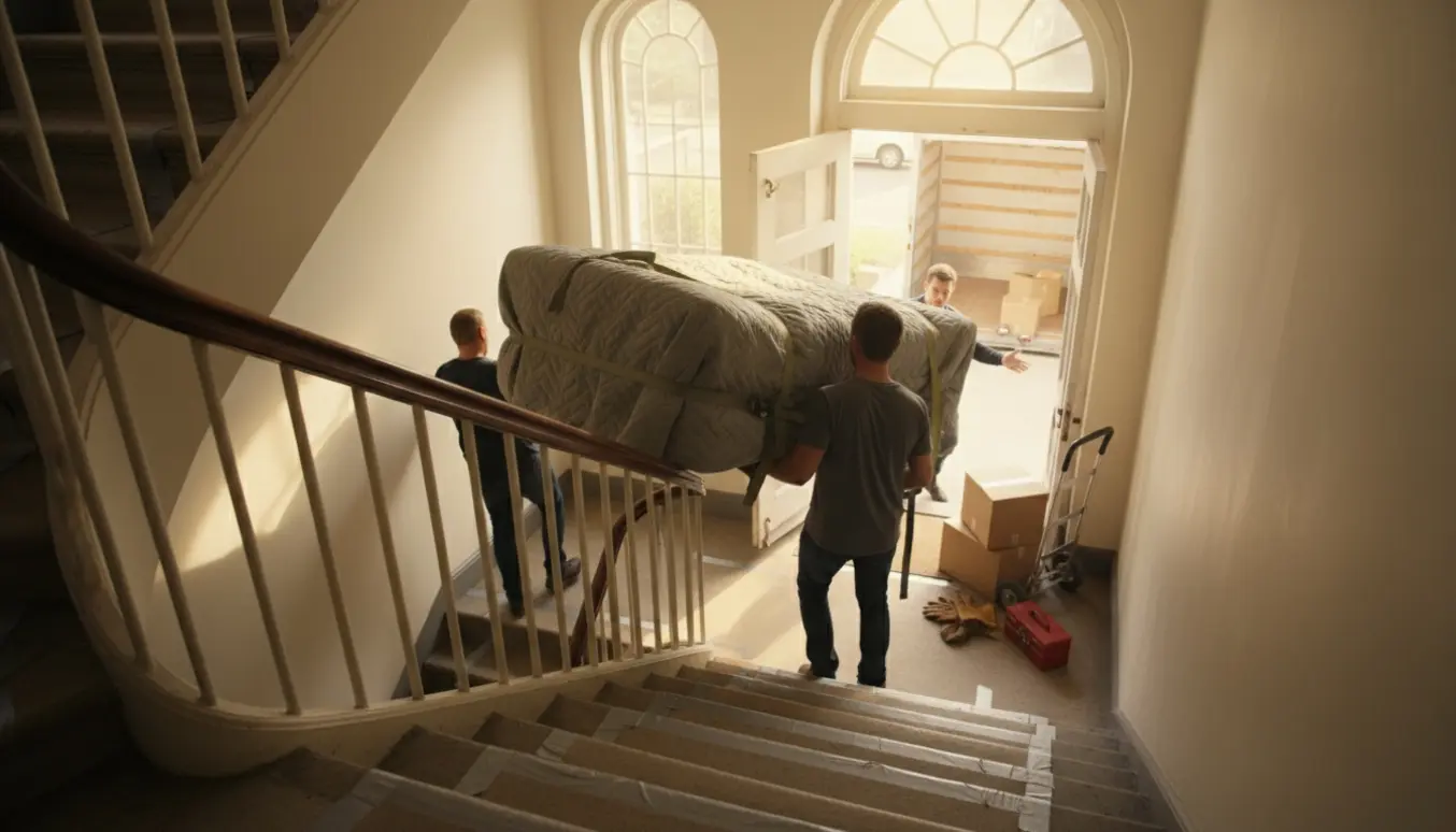 Flyttefolk bærer en indpakket sofa ned ad en smal trappe mod en åben flyttebil med flyttetæpper og tralle.