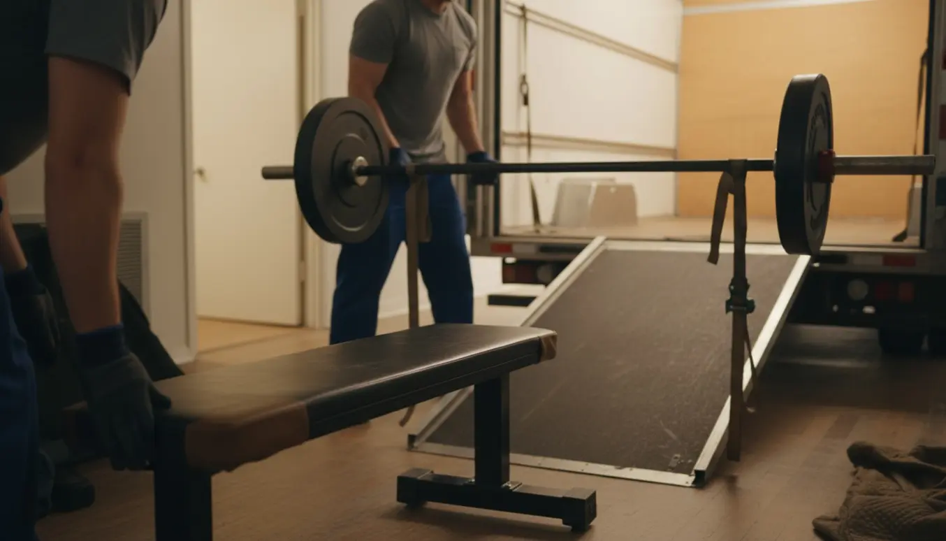 To personer flytter en træningsbænk og en vægtstang ind i en varevogn med flyttetæpper og stropper.