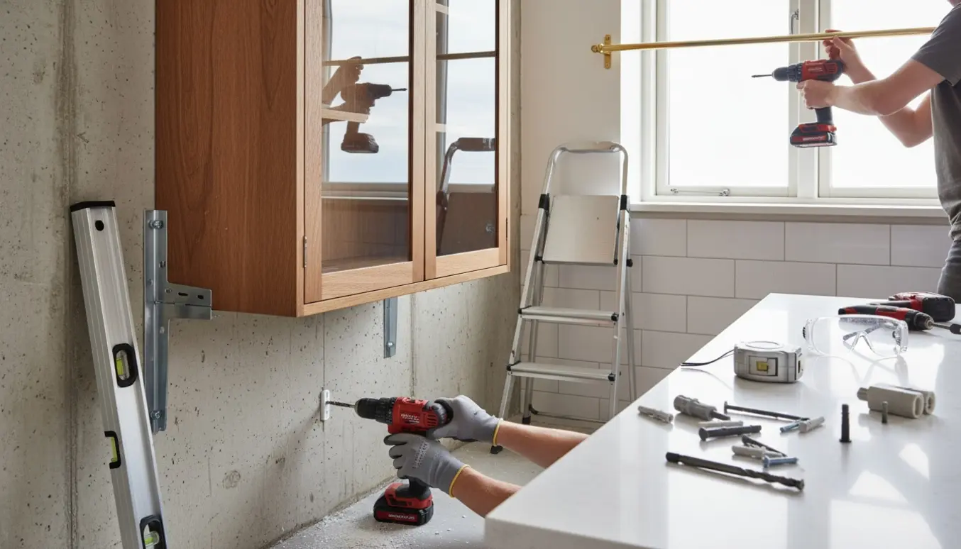 Værktøj, delvist ophængt vitrineskab og installeret guldstang i et lyst køkken med nyligt boret skrue i betonvæg og krog i loftet.