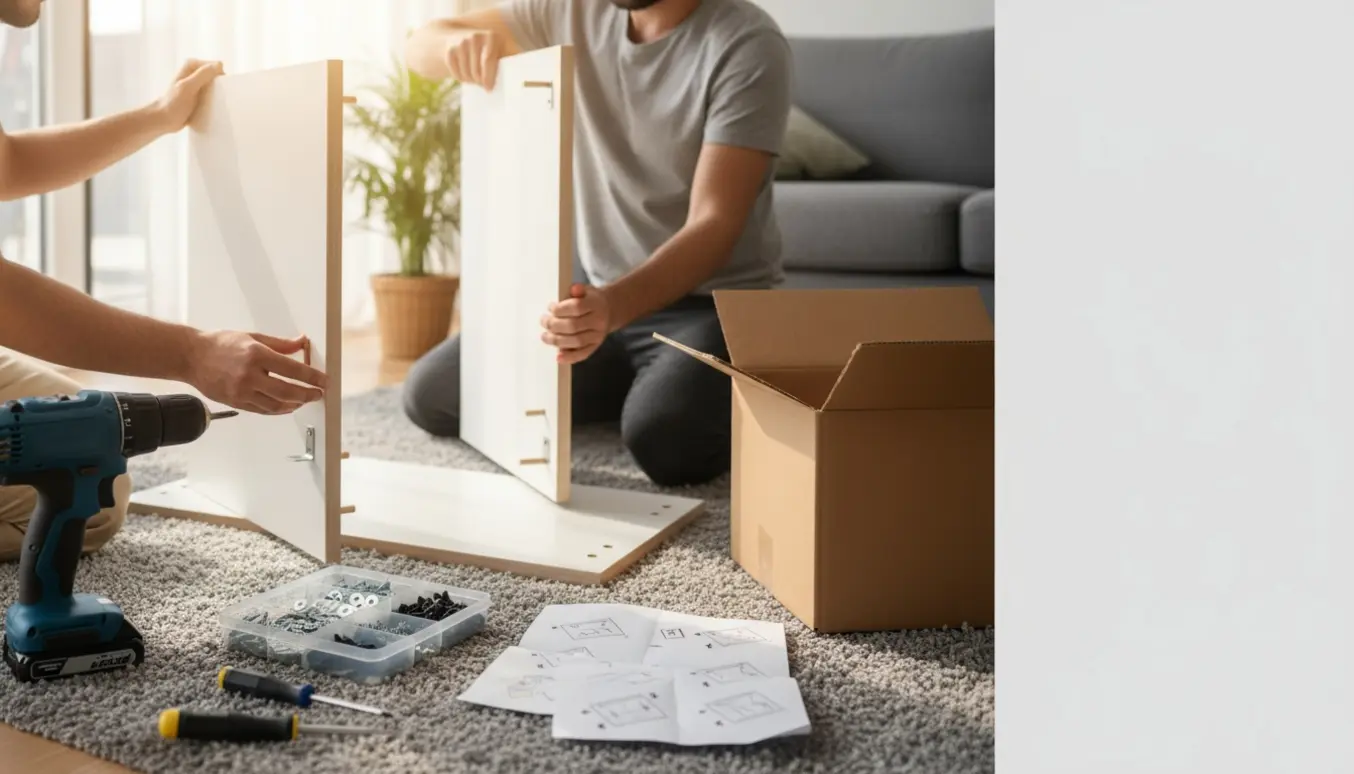 To personer samler en reol i en lys stue med værktøj og dele spredt på gulvet.