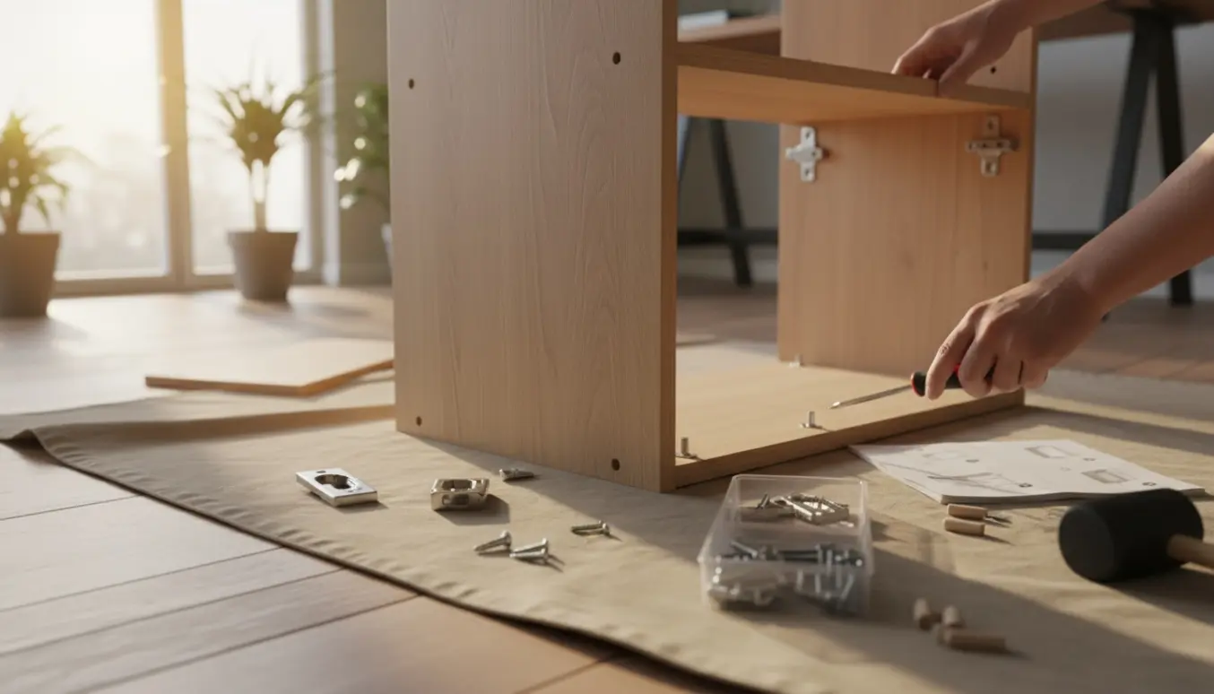 Nærbillede af hænder, der samler et fladpakket træskab med værktøj og hardware på et lyst arbejdsbord.