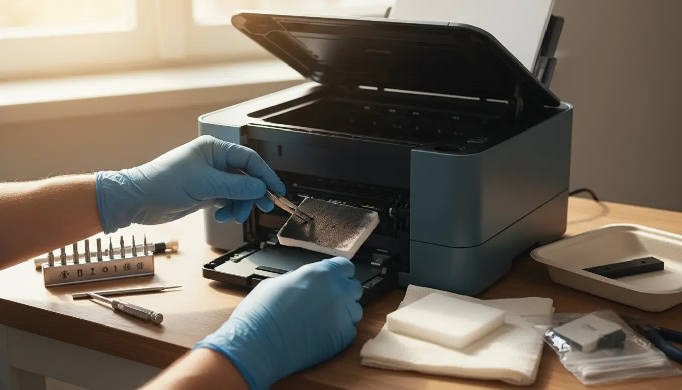 Hænder med handsker fjerner en slidt blækopsamlingspude fra en åben hjemmeprinter ved et arbejdsbord.