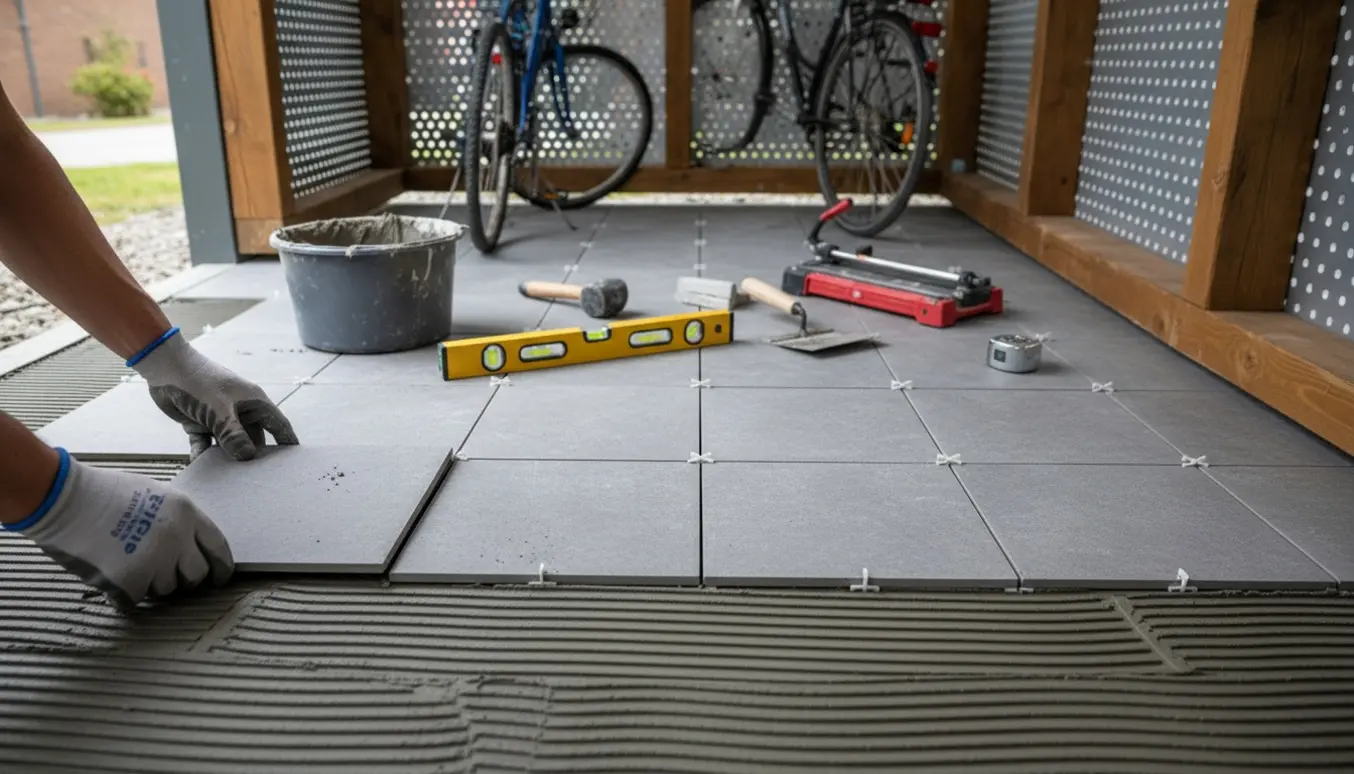 Nærbillede af 30x30 cm fliser, der bliver lagt i et lille cykelskur med værktøj og cykler i baggrunden.