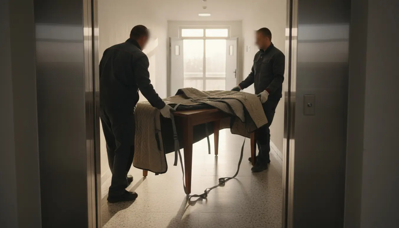 To flyttefolk løfter et træbord ind i en elevator i en opgang, beskyttet af flyttetæpper.