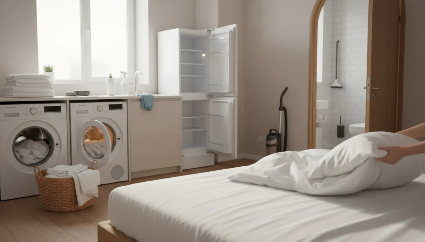 Rengjort Airbnb-lejlighed med nyopredt seng, vaskemaskine, tomt køleskab og rengøringsudstyr.