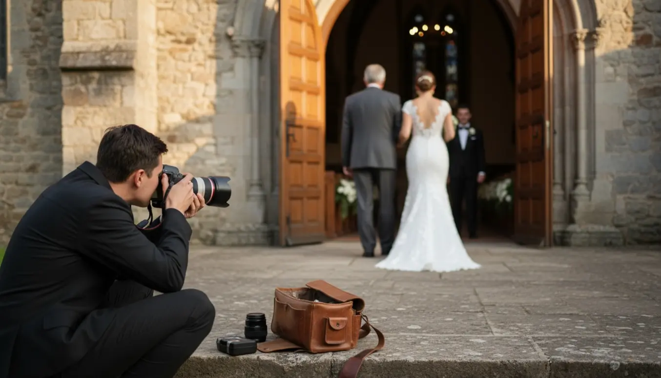 En bryllupsfotograf fotograferer bruden og hendes far foran en kirke i varmt aftenslys.