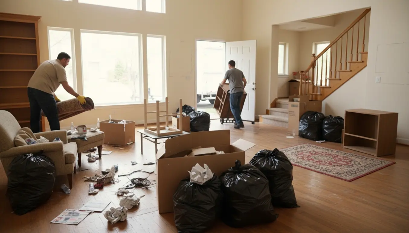 Et solbelyst hjem under tømning med sække, kasser og arbejdere uden synlige ansigter.