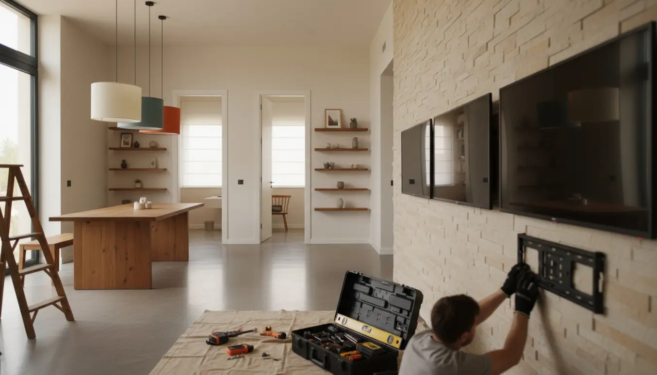 Moderne hjem med opsatte lamper, flydende hylder, tre vægmonterede tv og persienner, med værktøj og stige i forgrunden.