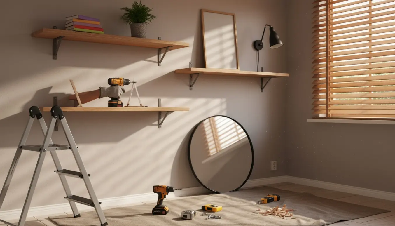 Værktøj og hænder monterer hylder, træpersienne, billede og væglampe i en lys stue.