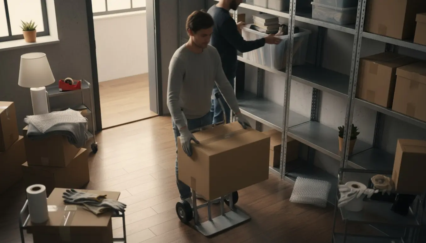 Hænder, der læsser små kasser og plastkasser ind på hylder i et depotrum.