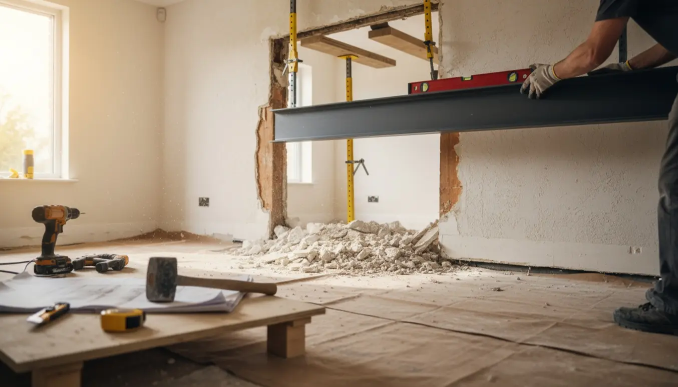 Indvendigt byggearbejde med delvist nedrevet bærende væg, stålbalk og midlertidige understøtninger.