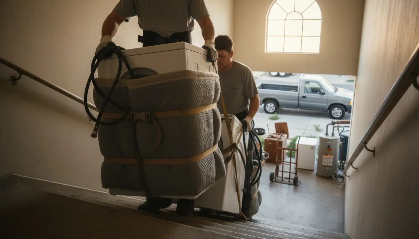 To personer bærer en afmonteret vaskemaskine ned ad en trappe mod et genbrugsområde.